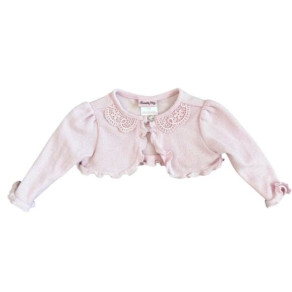 Nannette Baby Pink Knit Cropped Cardigan 12M Lace Detail Long Sleeve Sweater - Picture 1 of 4